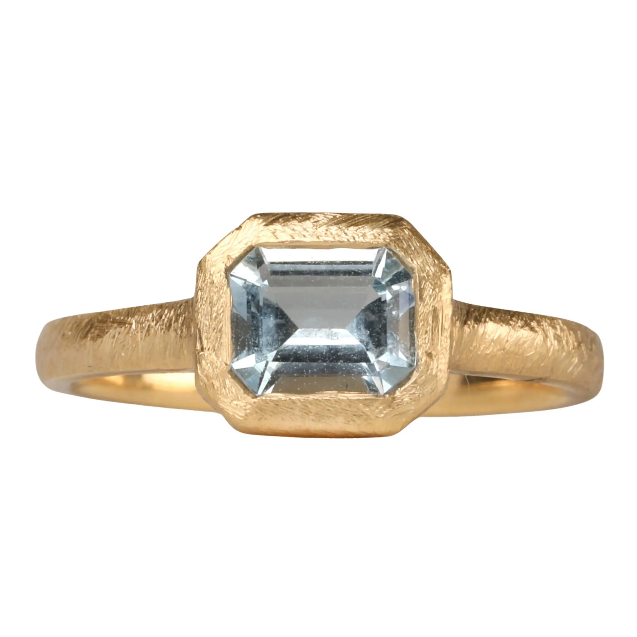 18K Gold Bezel-Set Emerald Cut Aquamarine Ring