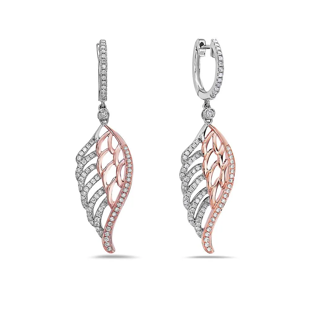 18K White And Rose Gold Leaf Shaped Ladies Earrings With Diamonds