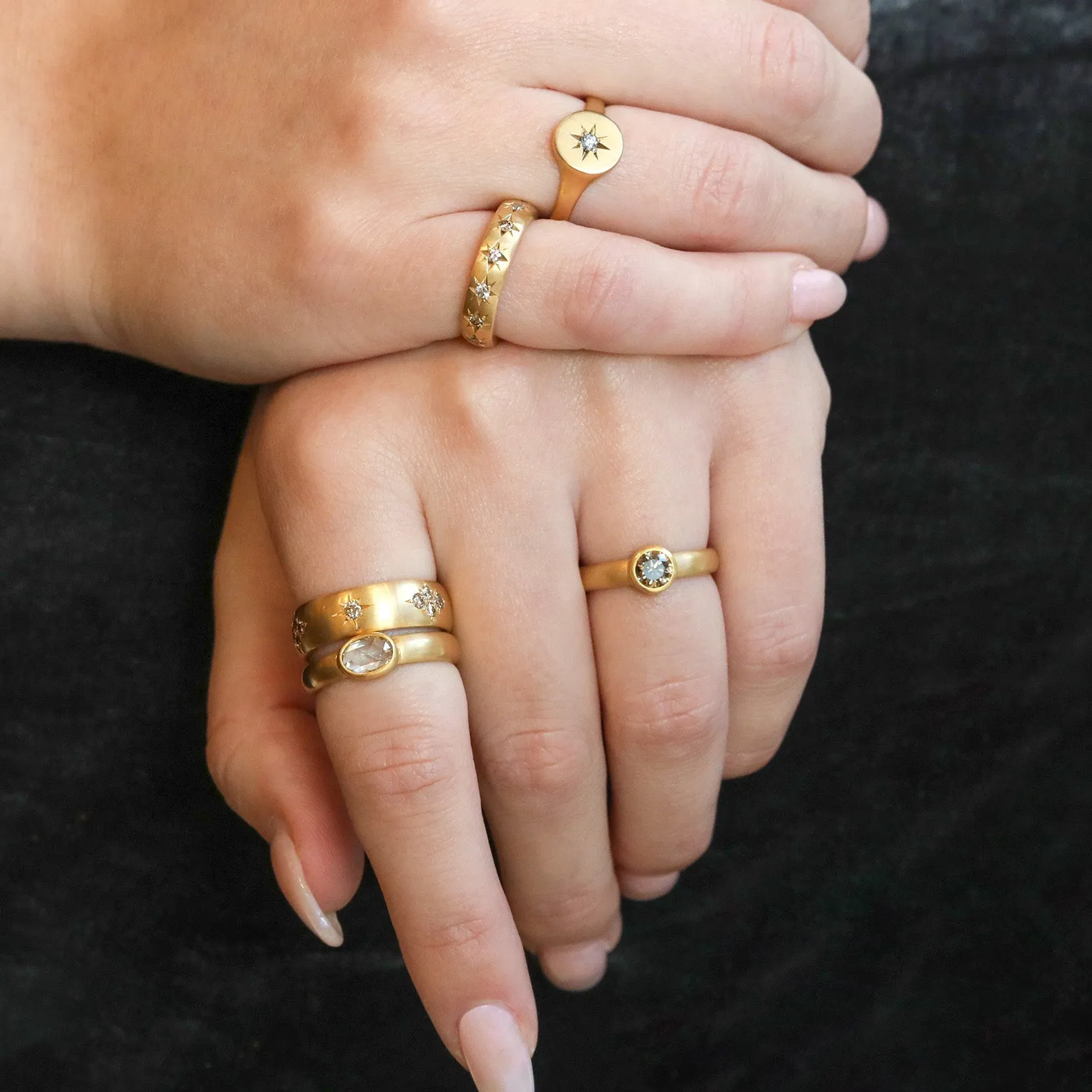 20K Gold Slightly Rounded Ring with 13 Star-Set Cognac Diamonds