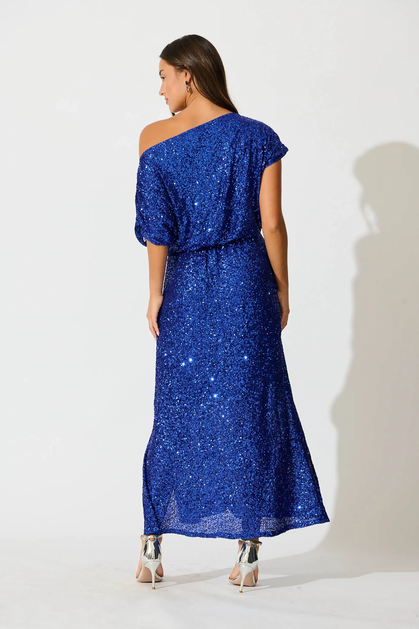 Amiri Off Shoulder Maxi Dress in Cobalt Blue Sequin