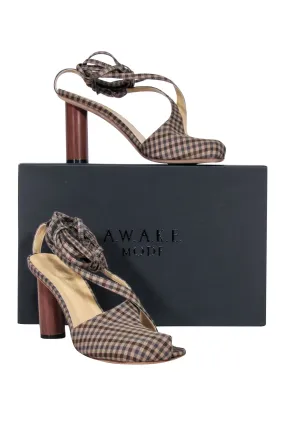 A.W.A.K.E. Mode - Brown & Beige Gingham Asymmetric Open-Toe Heels Sz 8