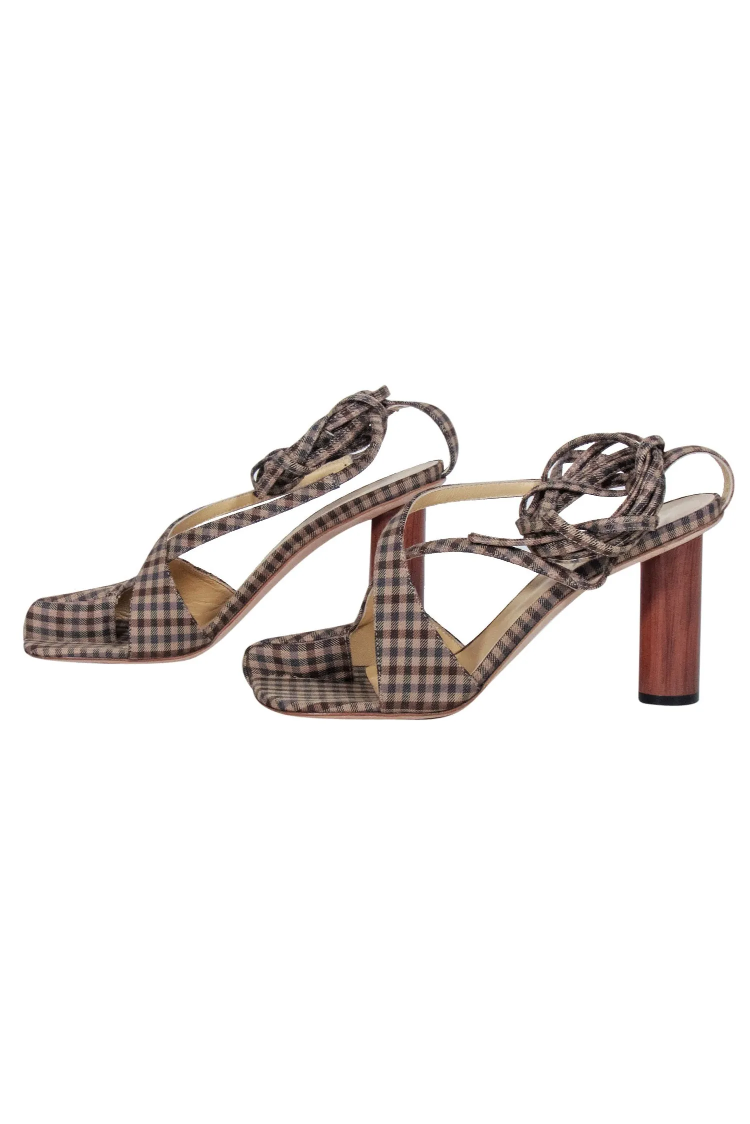 A.W.A.K.E. Mode - Brown & Beige Gingham Asymmetric Open-Toe Heels Sz 8