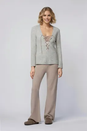 Bani Flared Knit Pants with Silk Stripes in Taupe