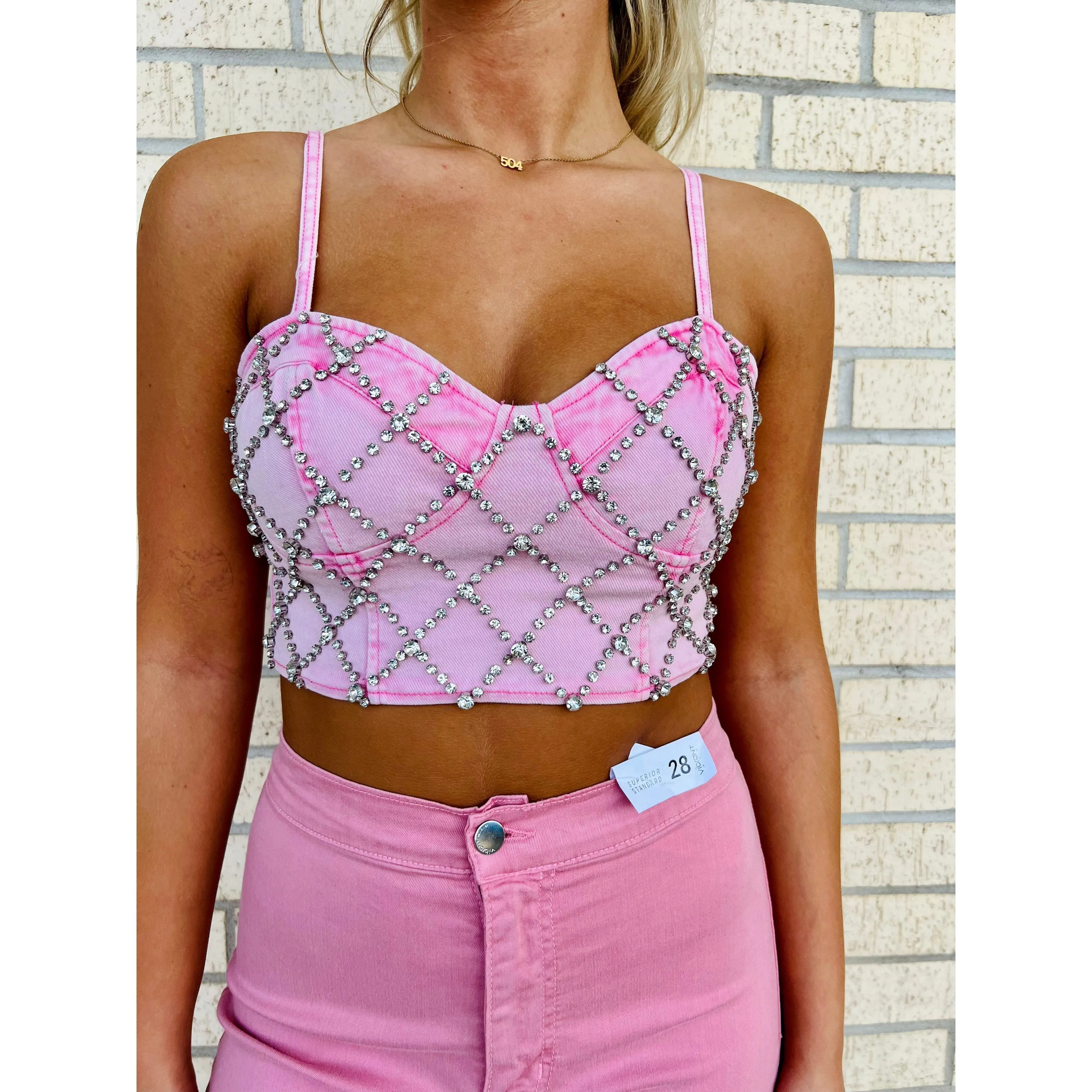 Barbee Girl Pink Denim rhinestone Top