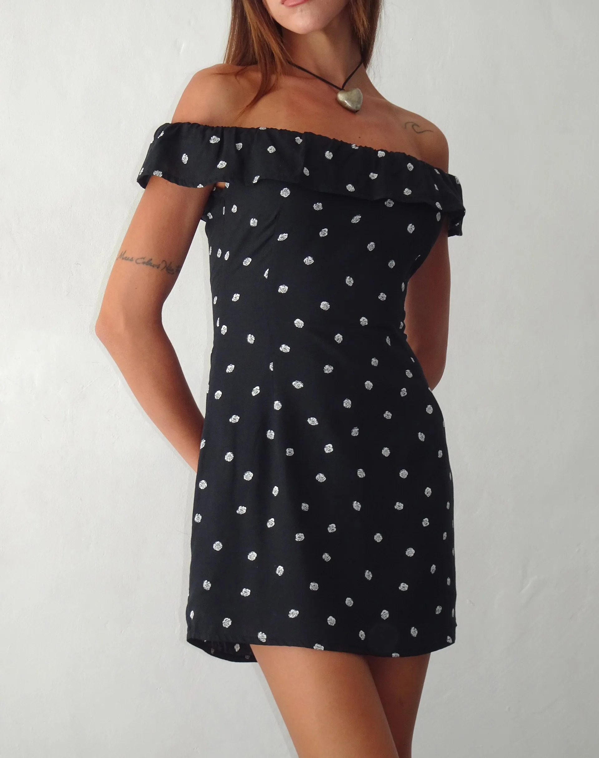 Bardot Mini Dress with Ditsy Rose Pattern in Black