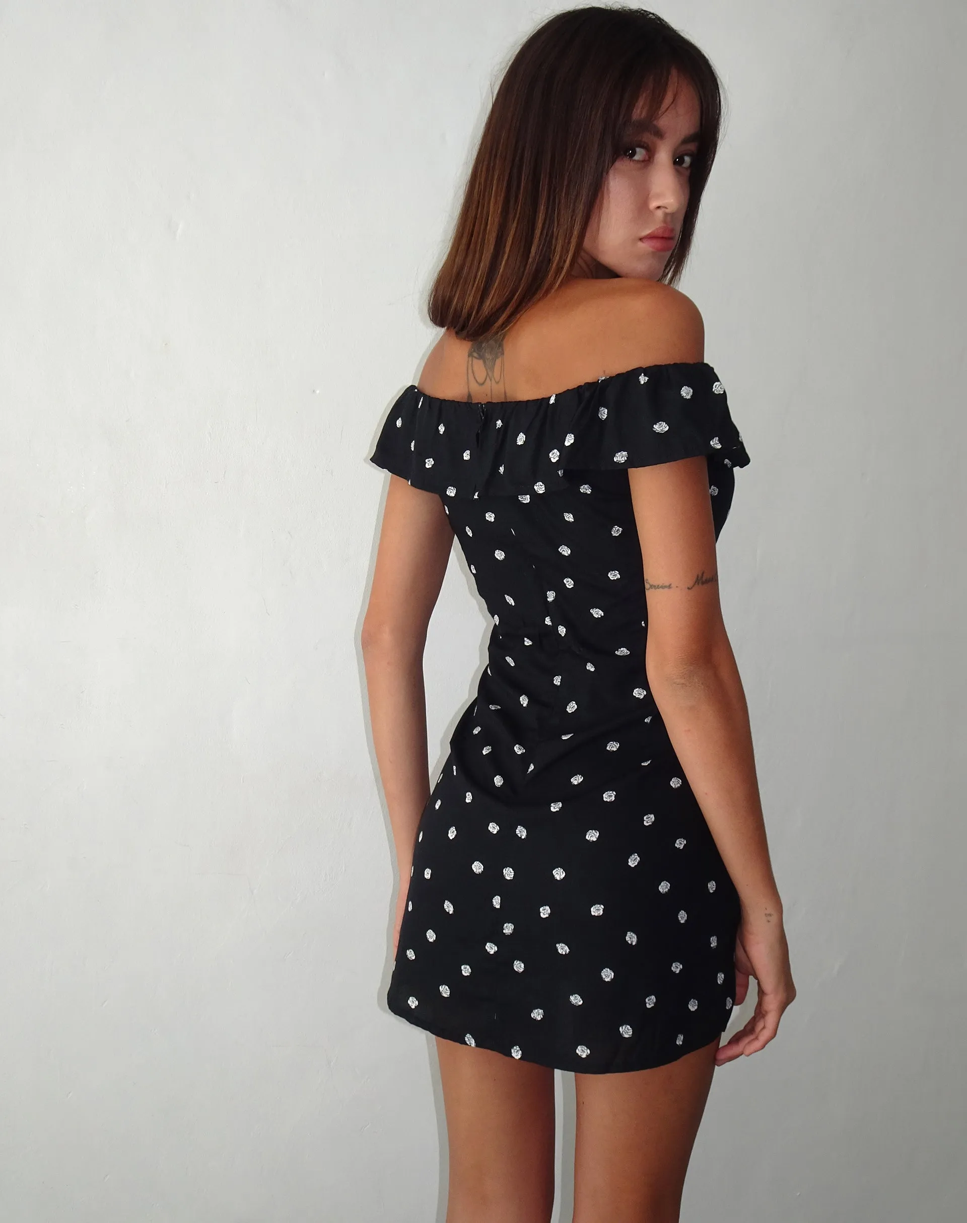 Bardot Mini Dress with Ditsy Rose Pattern in Black