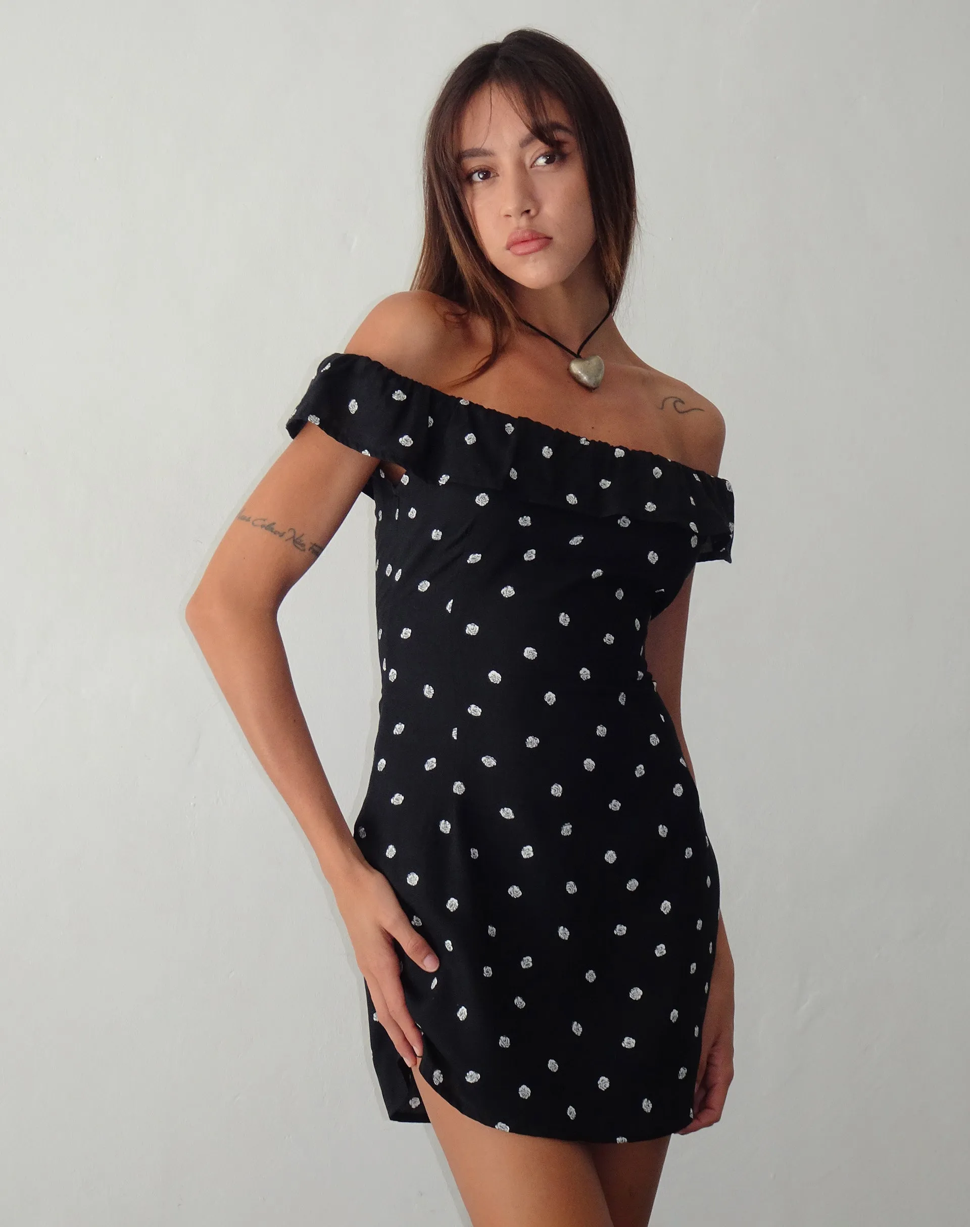 Bardot Mini Dress with Ditsy Rose Pattern in Black