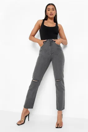 Basics High Waist Rip Knee Straight Jeans