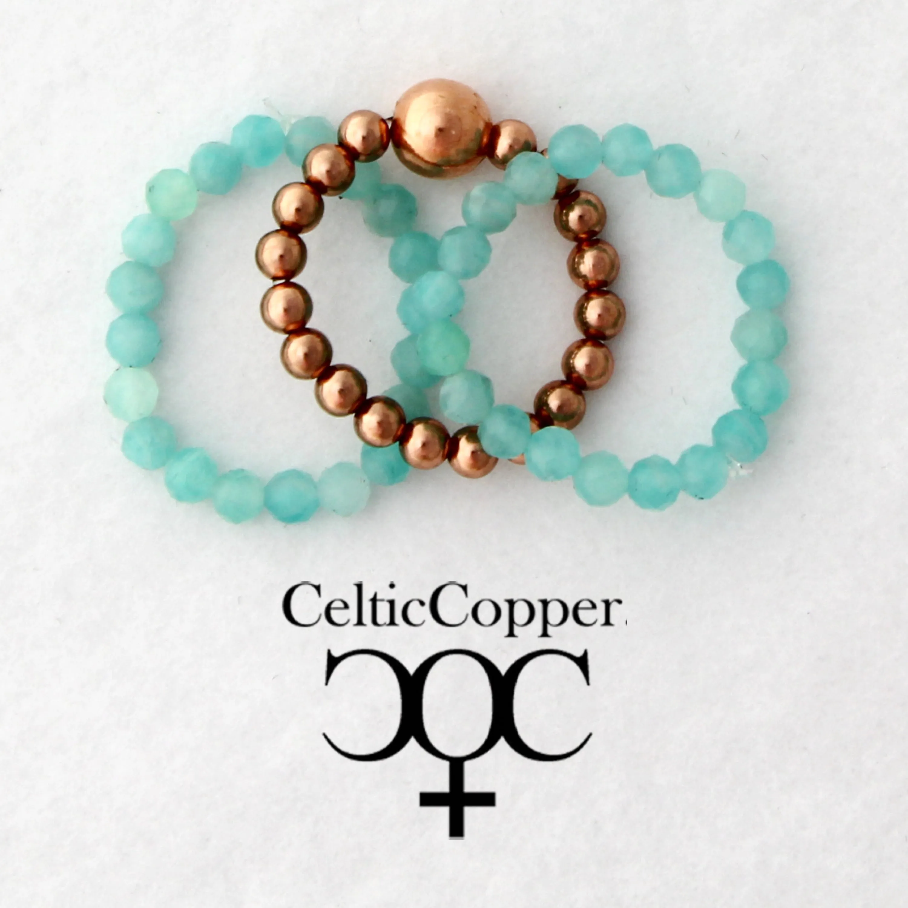 Beaded Copper Ring Set Pure Healing Copper Glacier Blue Amazonite 3 Piece Beaded Elastic Ring Set