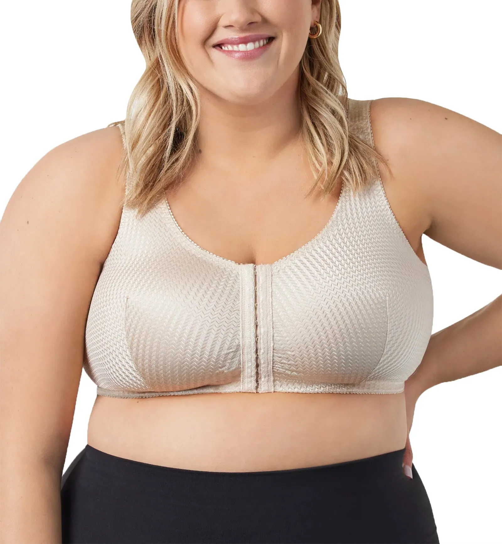 Beige Front Closure Nylon Bra with Zig-Zag Design by Leading Lady Marlene