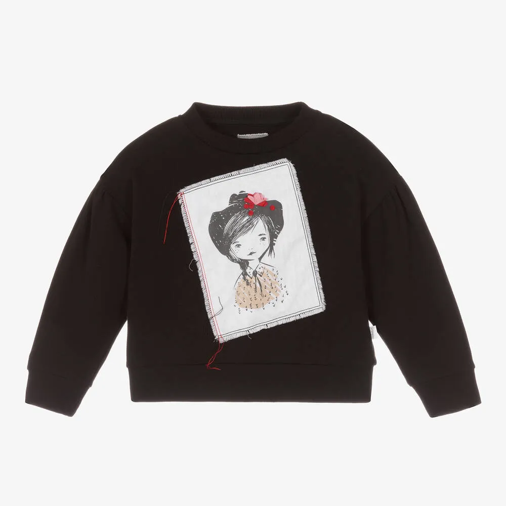 Black Cotton Girl Print Sweatshirt