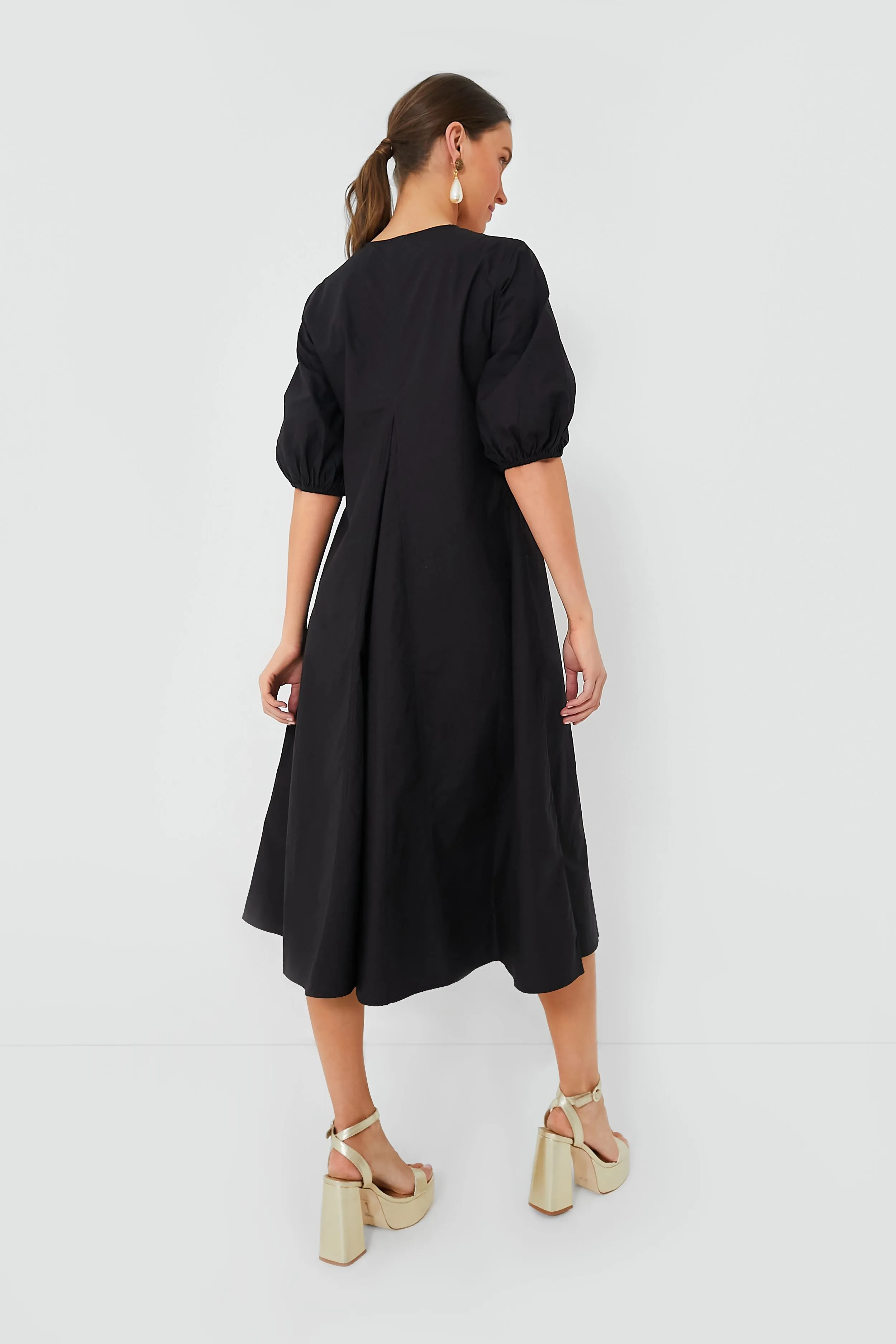 Black Cotton Poplin V-Neck Long Dress