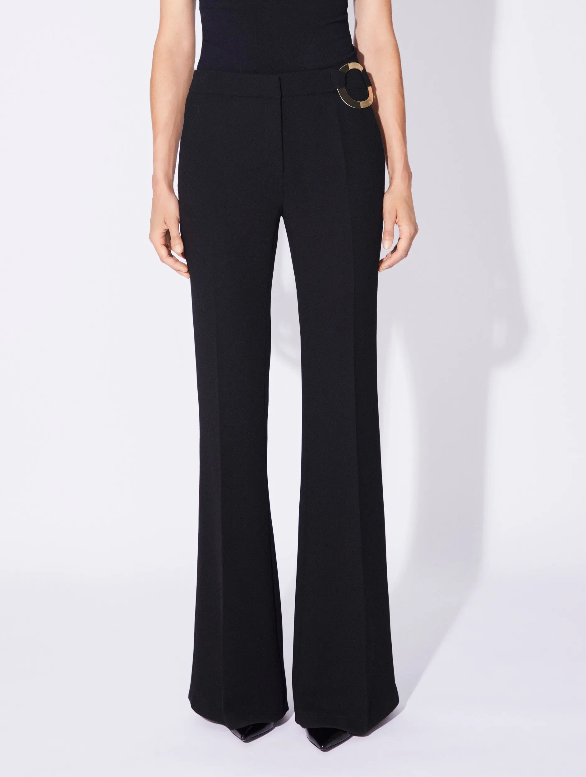 Black crepe flared trousers with buckle detail