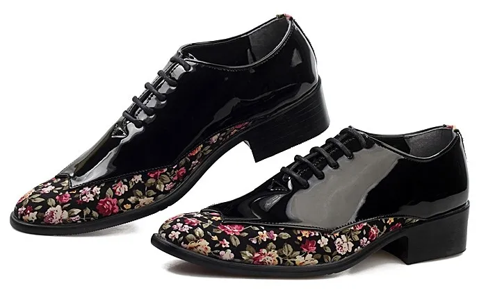 Black Floral Patent Men's Pointed Oxfords