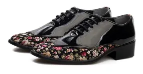 Black Floral Patent Men's Pointed Oxfords