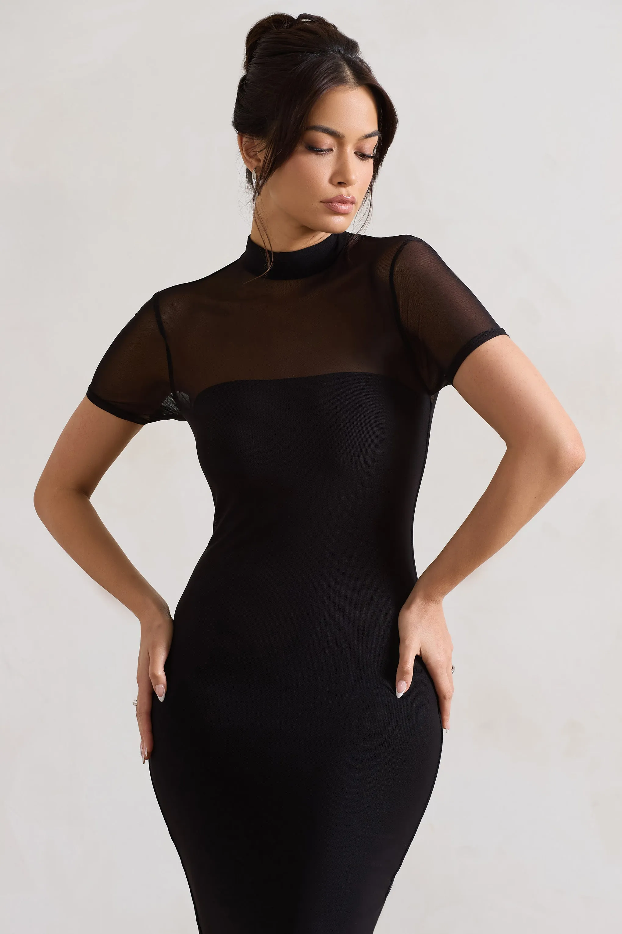 Black Melinda High-Neck Midi Dress