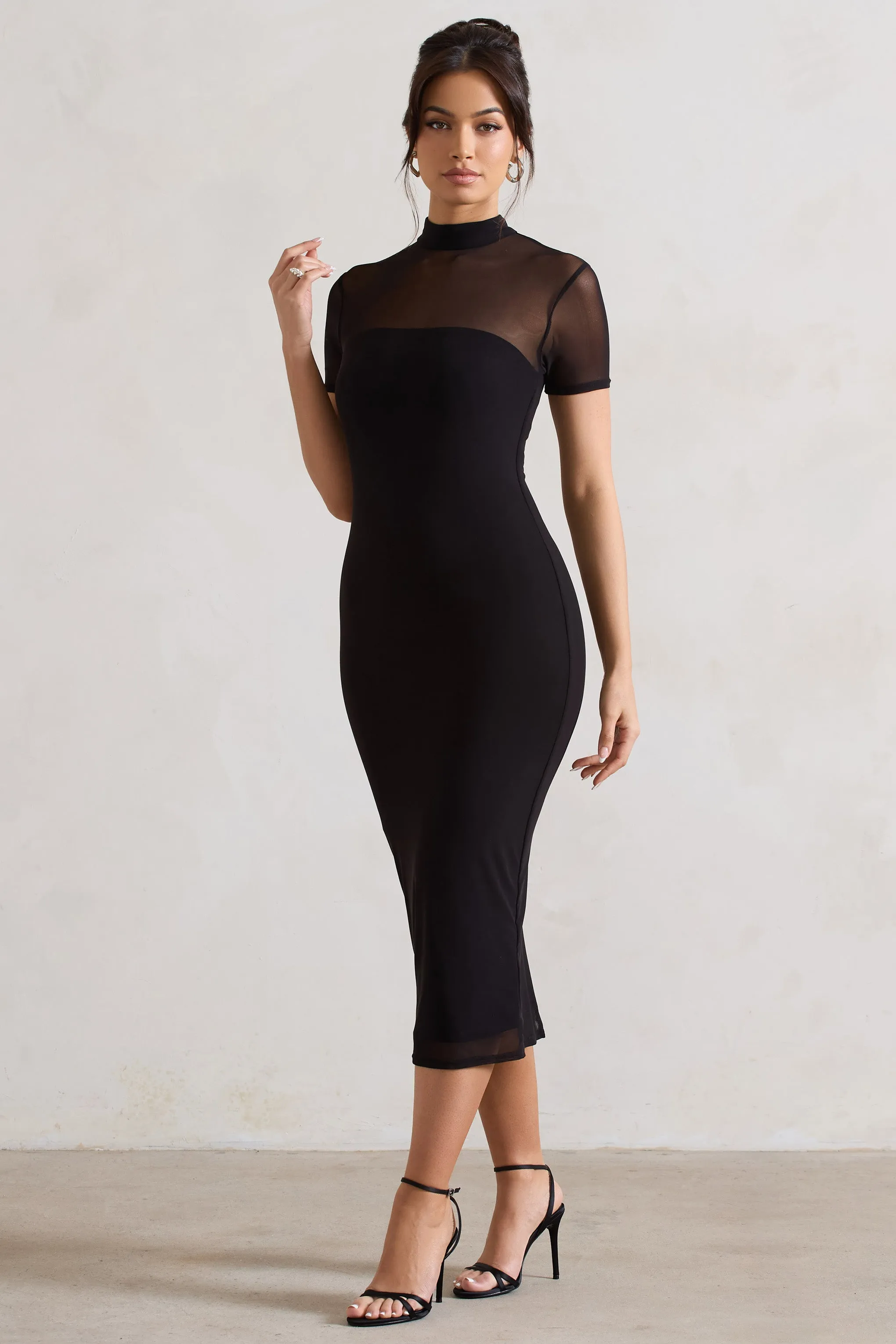 Black Melinda High-Neck Midi Dress