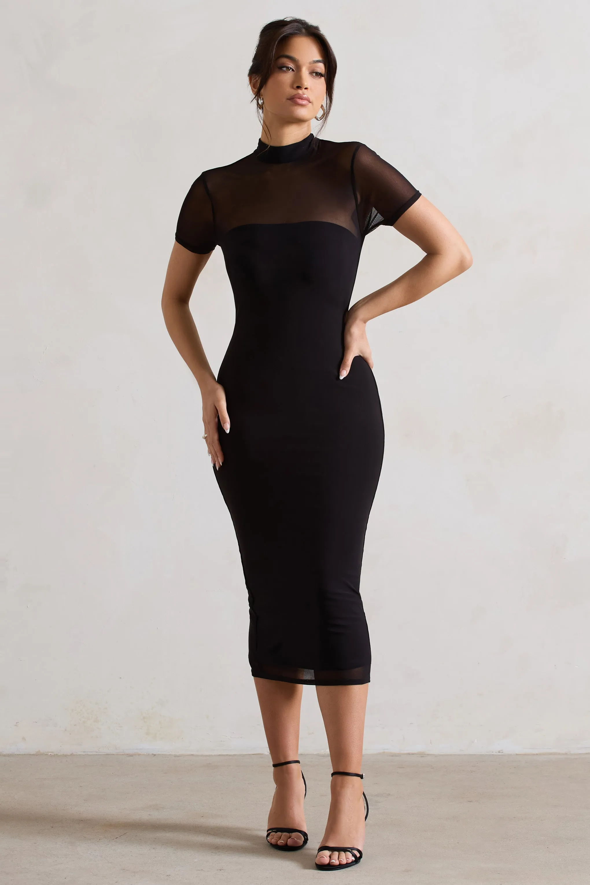 Black Melinda High-Neck Midi Dress