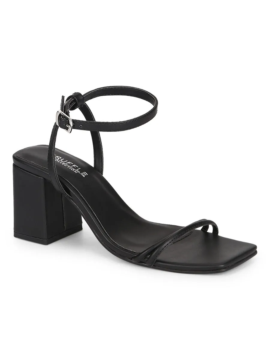 Black PU Double Strap Block Heels