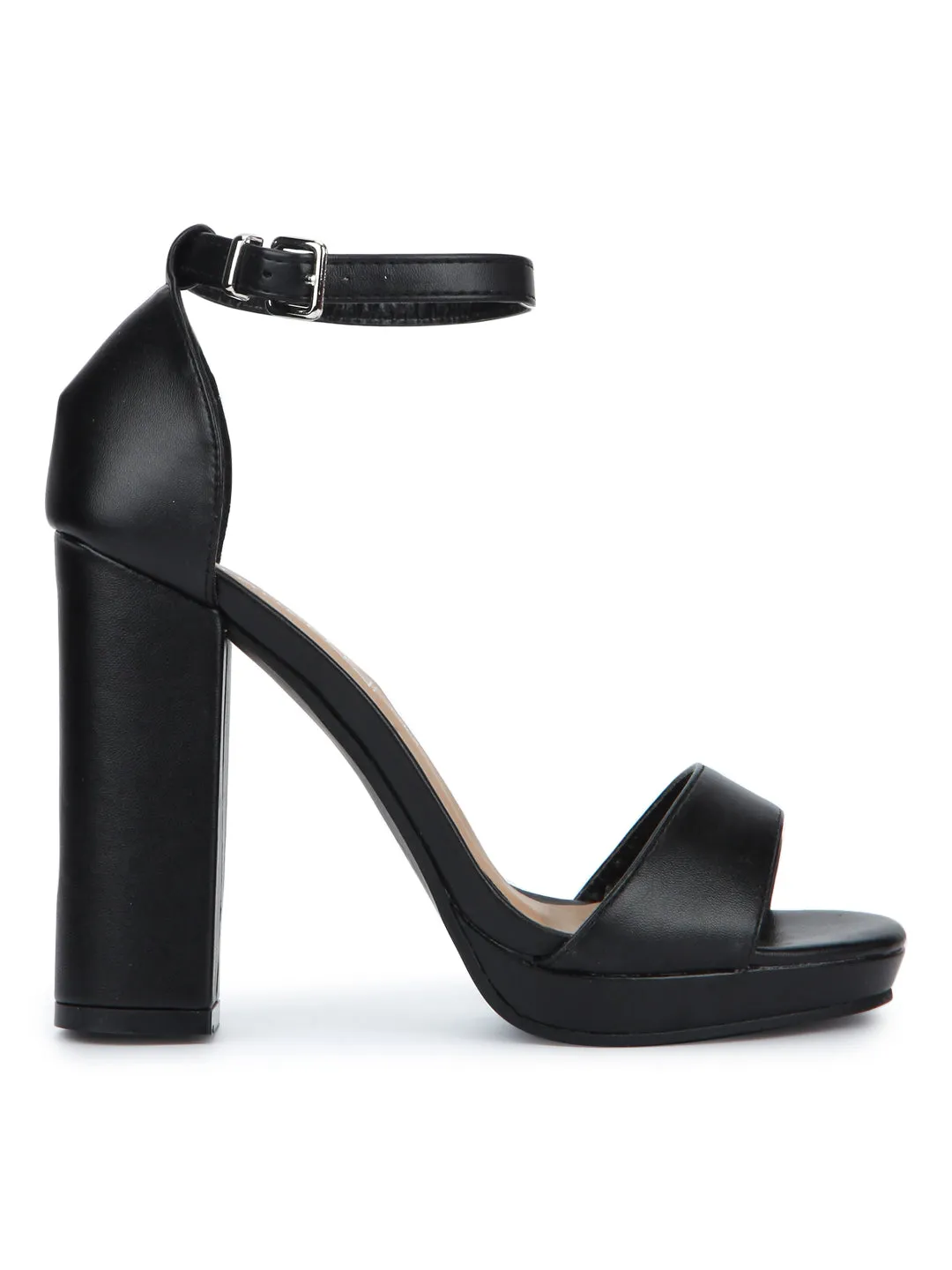 Black PU Pumpped Ankle Strap Block Heels