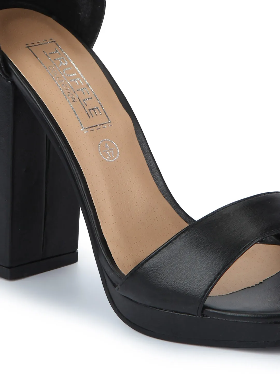 Black PU Pumpped Ankle Strap Block Heels