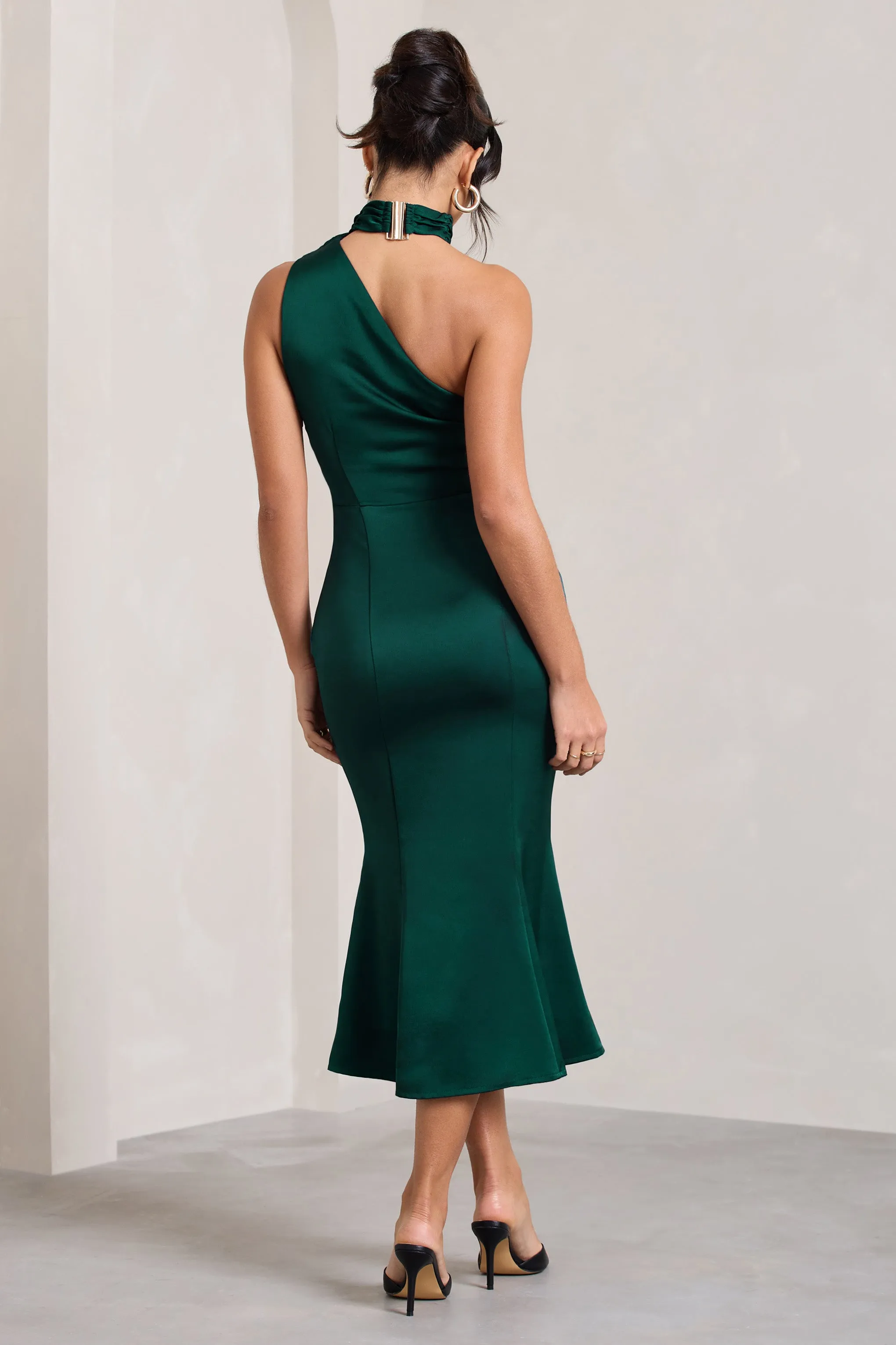 Bottle Green Satin Flared Midi Dress