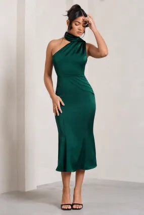 Bottle Green Satin Flared Midi Dress