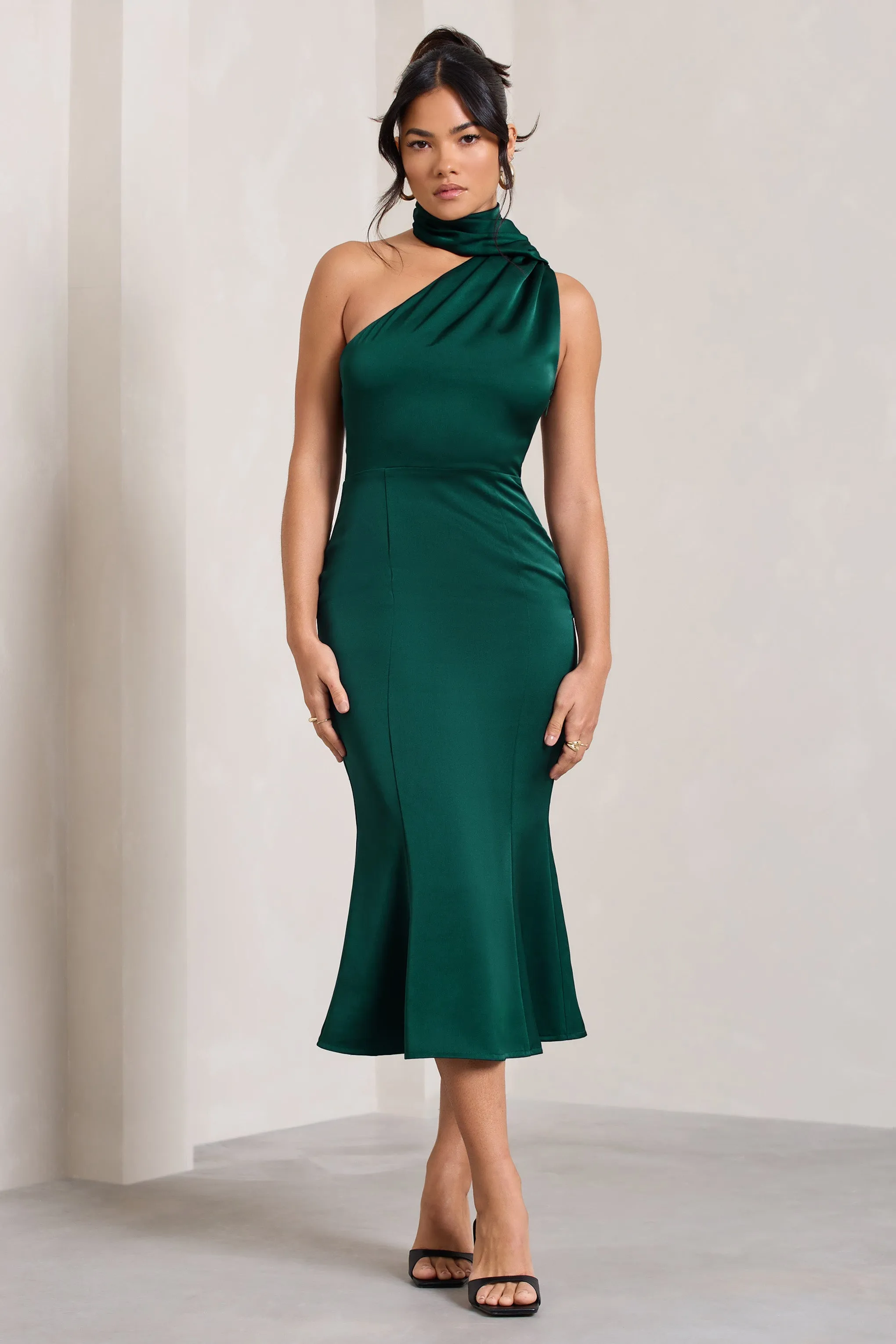 Bottle Green Satin Flared Midi Dress