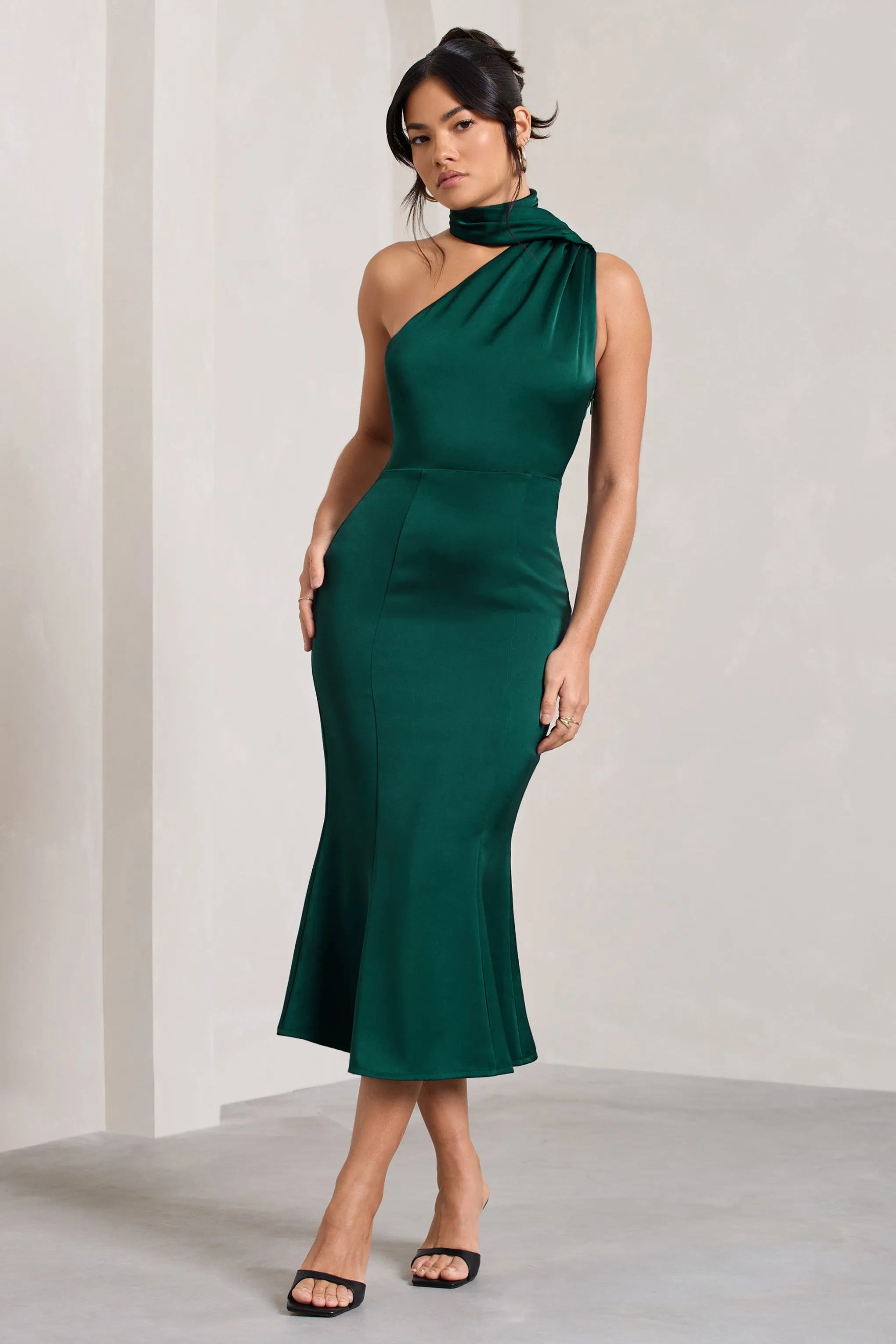 Bottle Green Satin Flared Midi Dress