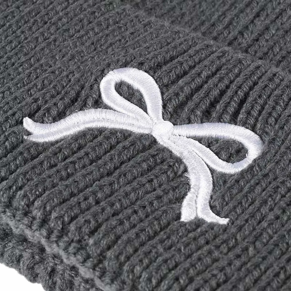 Bow Embroidery Beanie Hat