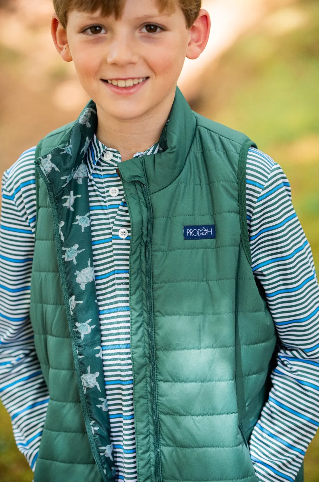 Boys' Long Sleeve Pro Performance Polo in Posy Green Fishing Club Stripe