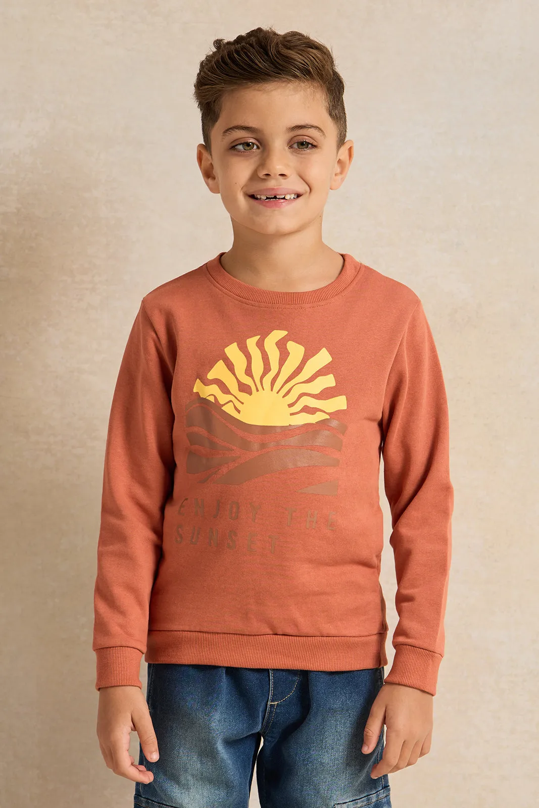 Boys Orange Printed Sweatshirt