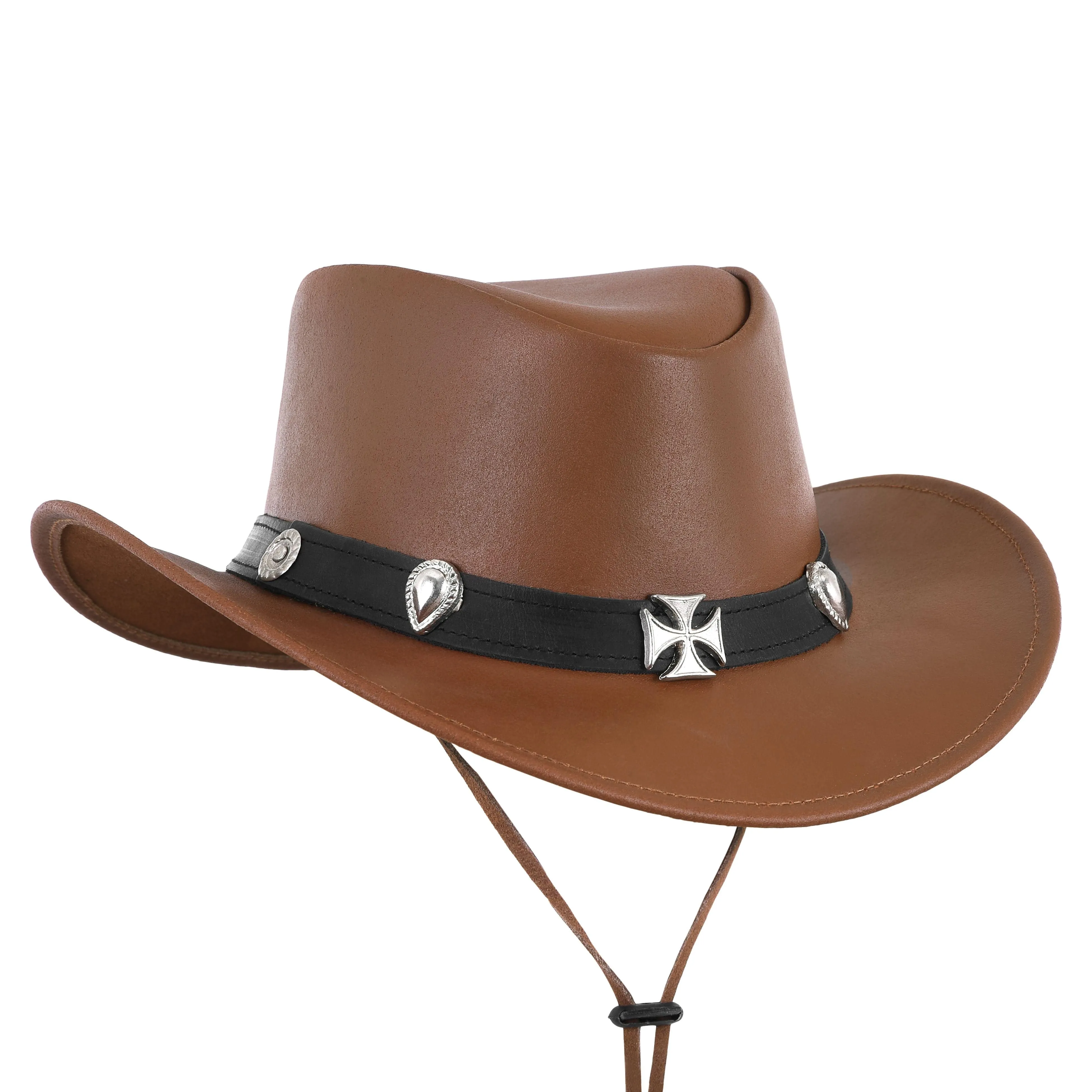 Brown Genuine Leather Western Cowboy Hat with Decorative Band