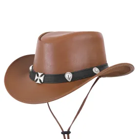 Brown Genuine Leather Western Cowboy Hat with Decorative Band