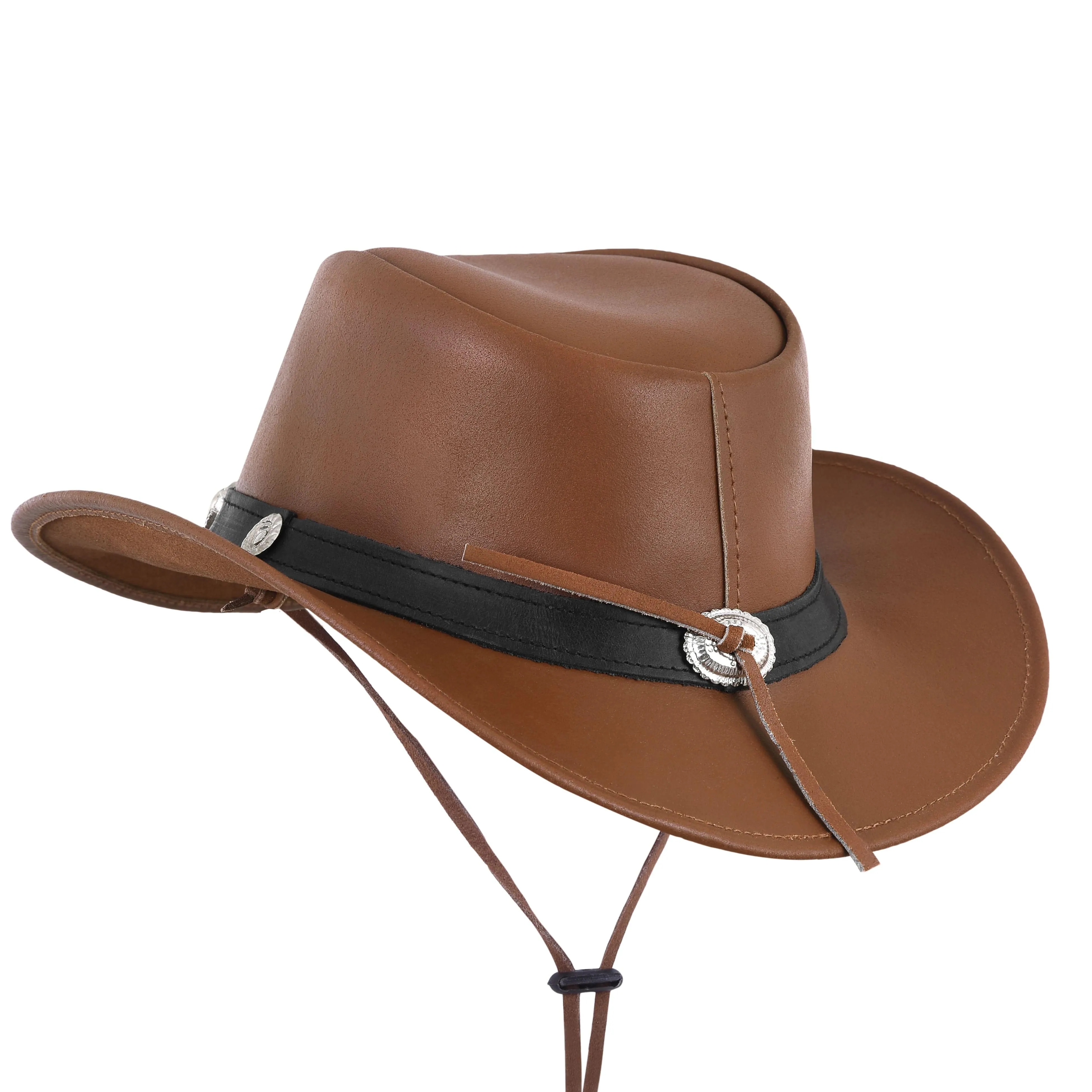 Brown Genuine Leather Western Cowboy Hat with Decorative Band