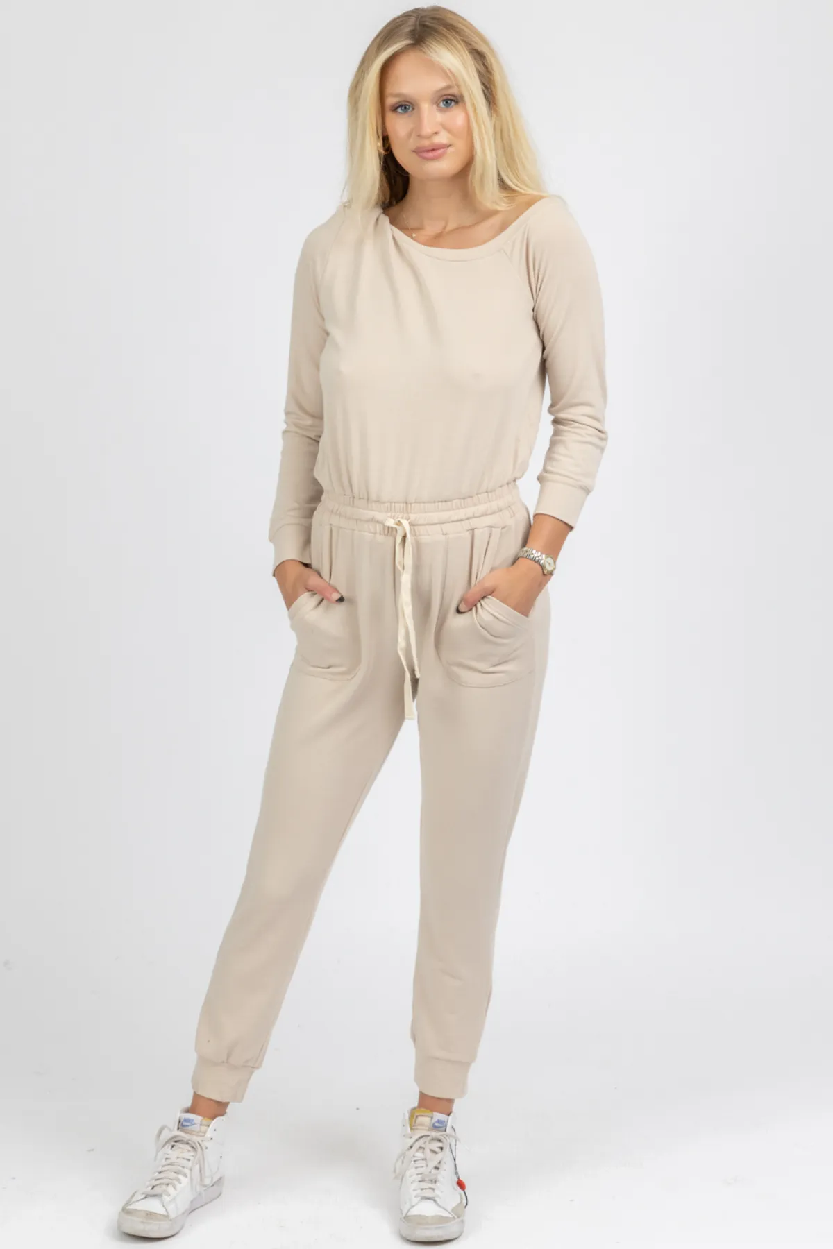 BUTTER SOFT TAUPE OFF SHOULDER DRAWSTRING JUMPSUIT