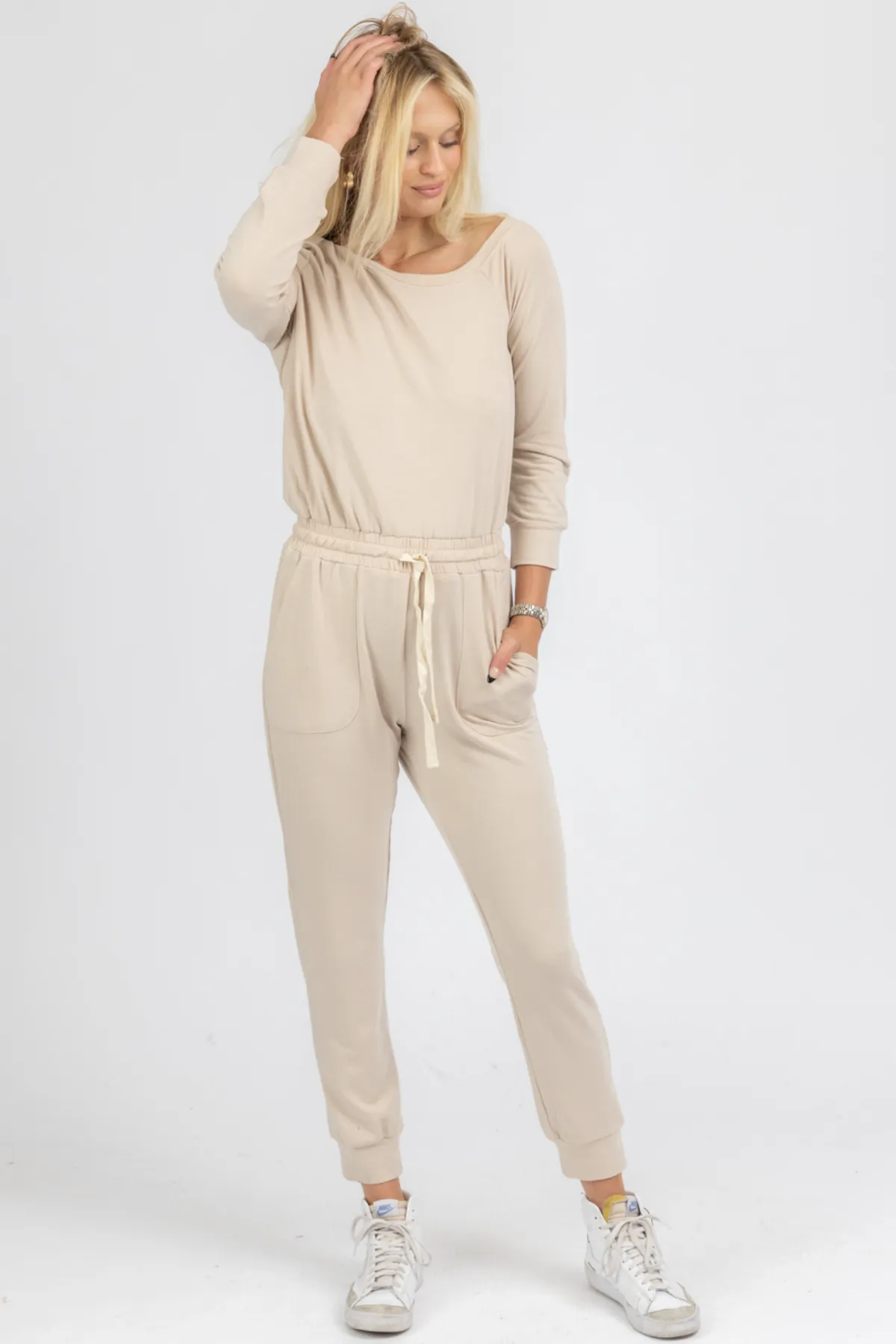 BUTTER SOFT TAUPE OFF SHOULDER DRAWSTRING JUMPSUIT