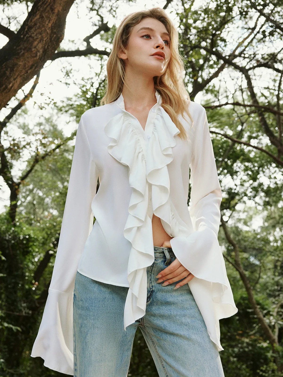 Button Ruffle Thin Shirt