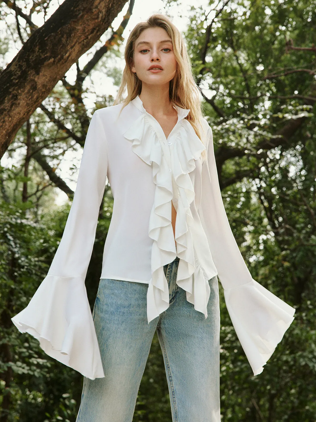 Button Ruffle Thin Shirt