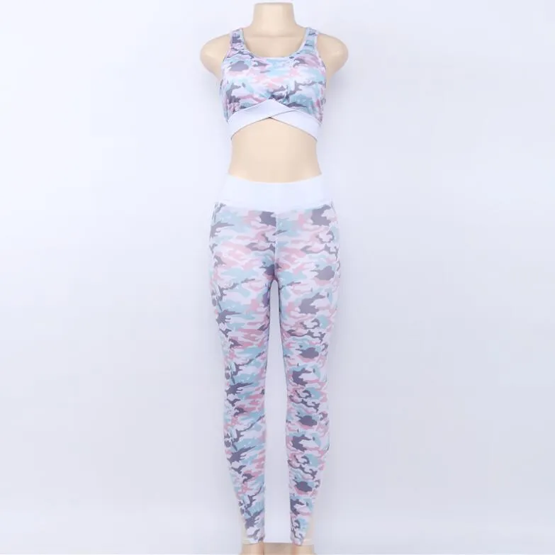 Camouflage Print Suit 2 Piece Set Mesh Bra And Fitness Leggings