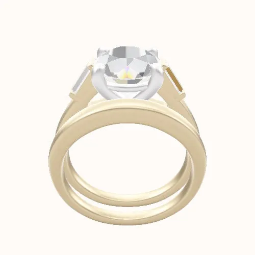 Cathedral Band with Baguette Sidestones Engagement Ring With Low Set Four Prong Head and Matching Band