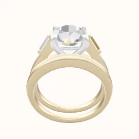 Cathedral Band with Baguette Sidestones Engagement Ring With Low Set Four Prong Head and Matching Band