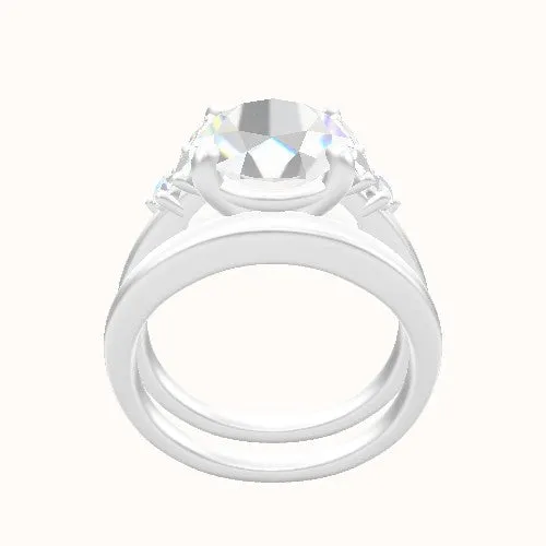 Cathedral Band with Marquise & Round Diamond Sidestones Engagement Ring With Low Set Four Prong Head and Matching Band