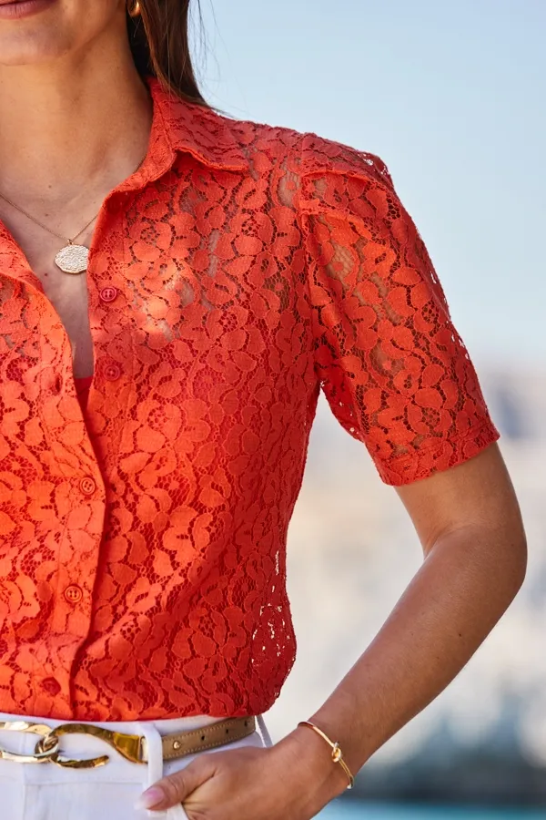 Coral Ruched Shoulder Lace Shirt