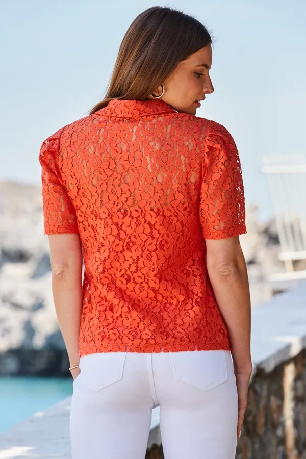 Coral Ruched Shoulder Lace Shirt