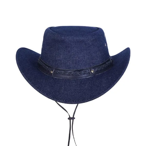 Denim Cowboy Western Hat With Braided Leather Band & Adjustable Chin Strap