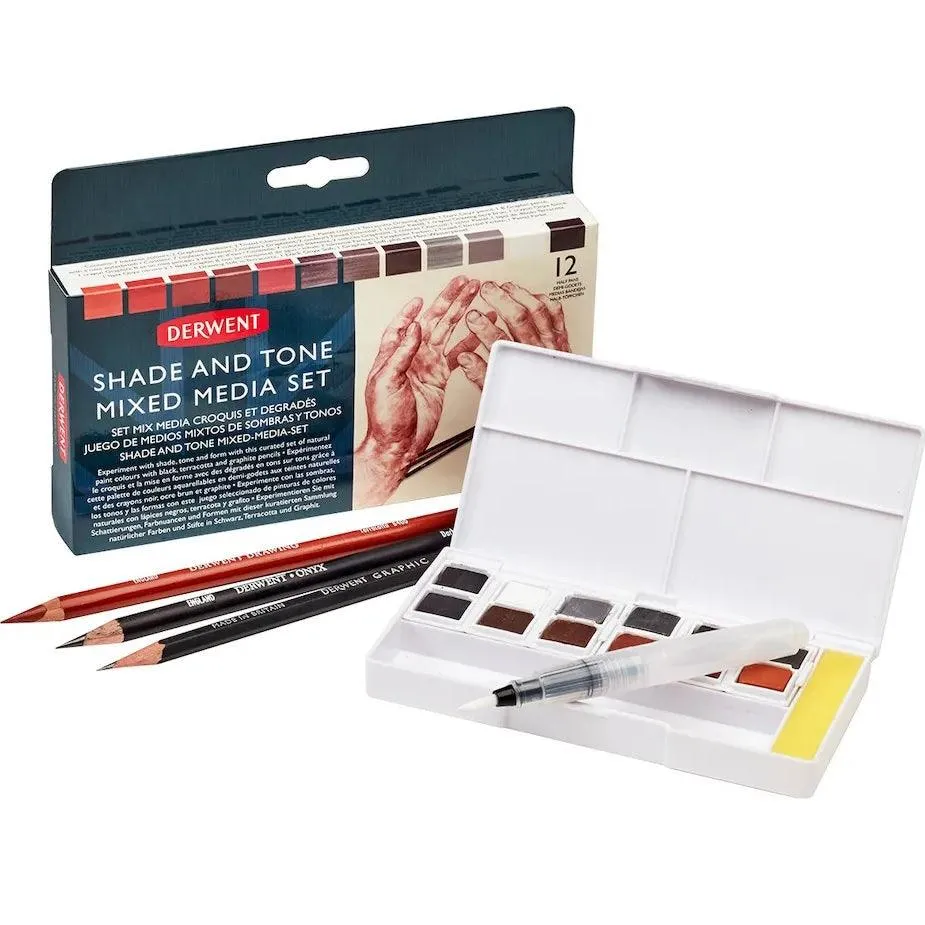 Derwent Shade and Tone Paint Pan Pencils Mixed Media Set Kit Waterbrush