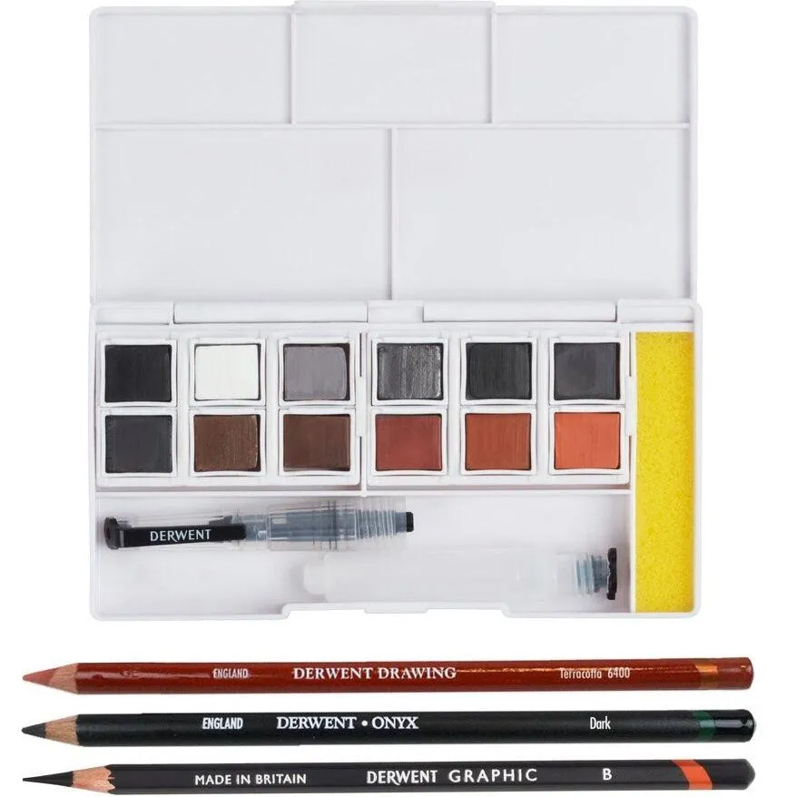 Derwent Shade and Tone Paint Pan Pencils Mixed Media Set Kit Waterbrush