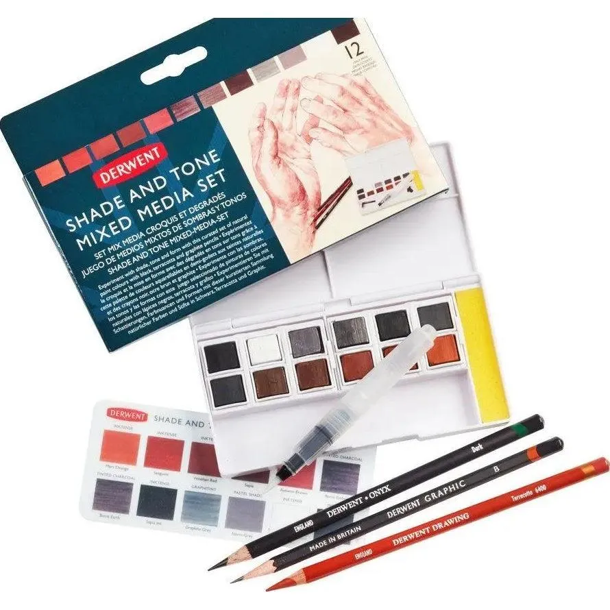 Derwent Shade and Tone Paint Pan Pencils Mixed Media Set Kit Waterbrush