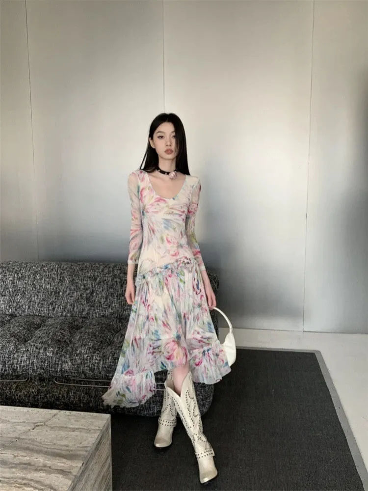 Design niche mesh print dress for women 2024 summer new style high-end hot girl pure lust style A-line skirt